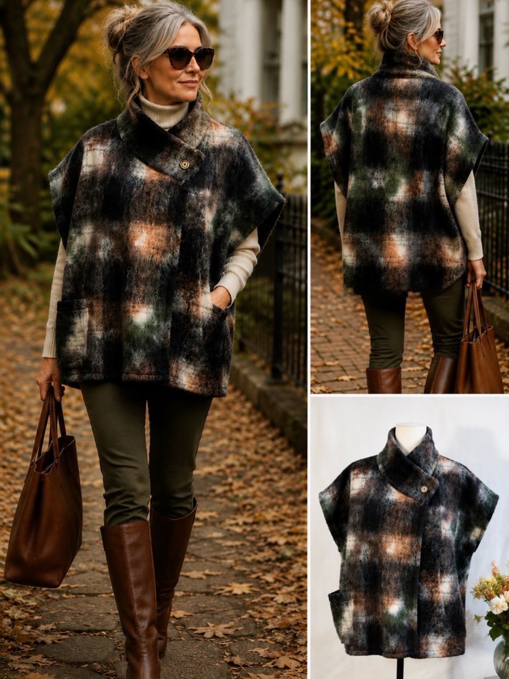 💥Bryn Walker Italian Wool Blend Plaid Cocoon Cape Jacket One Button USA S💛